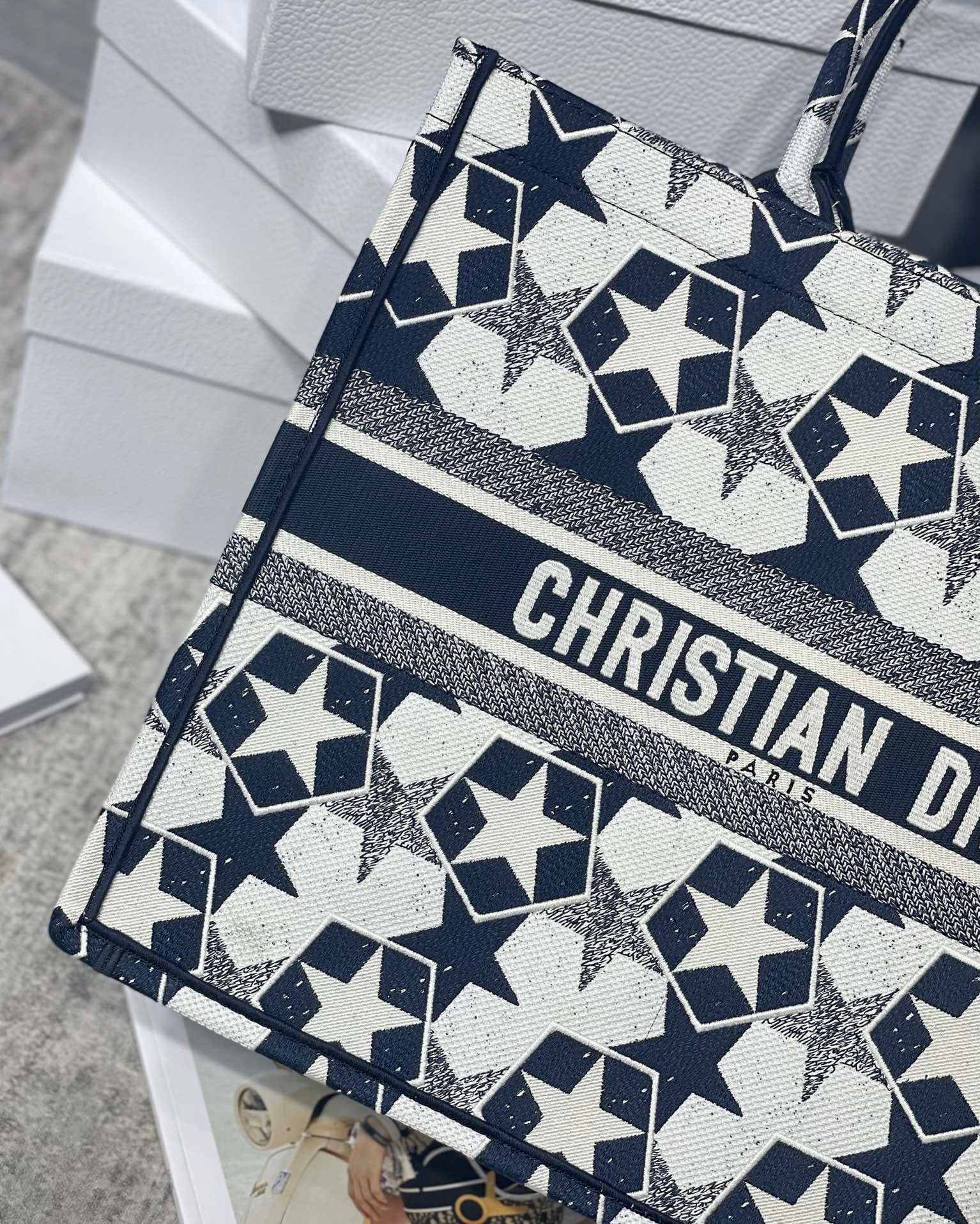 D*or large book tote bag in blue and white D*or etoile embroidery