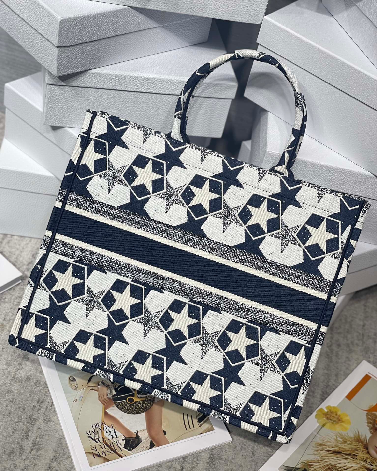 D*or large book tote bag in blue and white D*or etoile embroidery