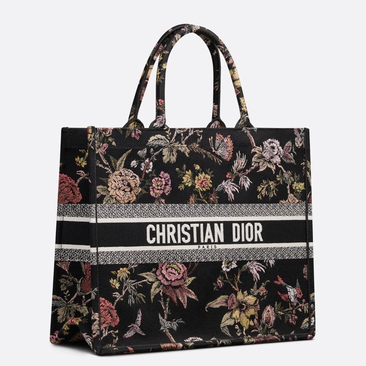 D*or large book tote bag in black multicolor jardin botanique embroidery