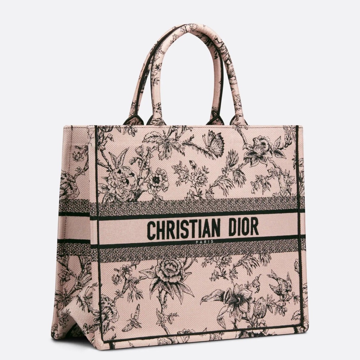 D*or large book tote bag in powder pink jardin botanique embroidery