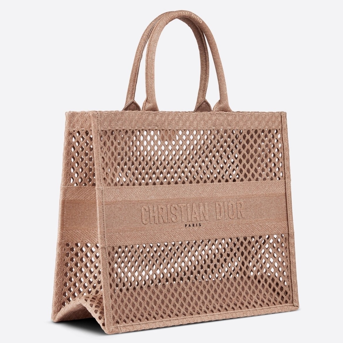 D*or book tote bag in beige mesh embroidery