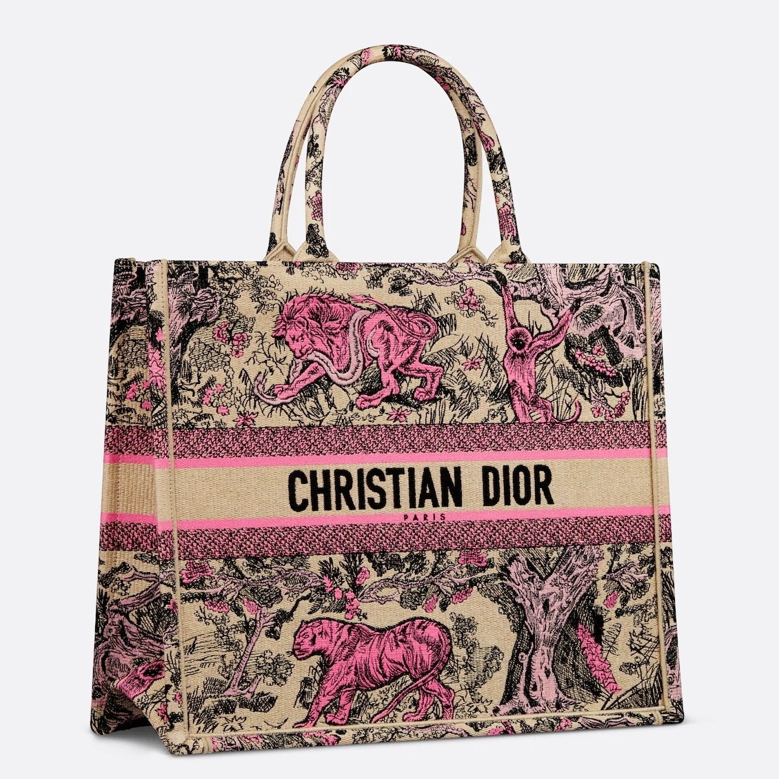D*or large D*oriviera book tote in raffia with pink toile de jouy sauvage embroidery