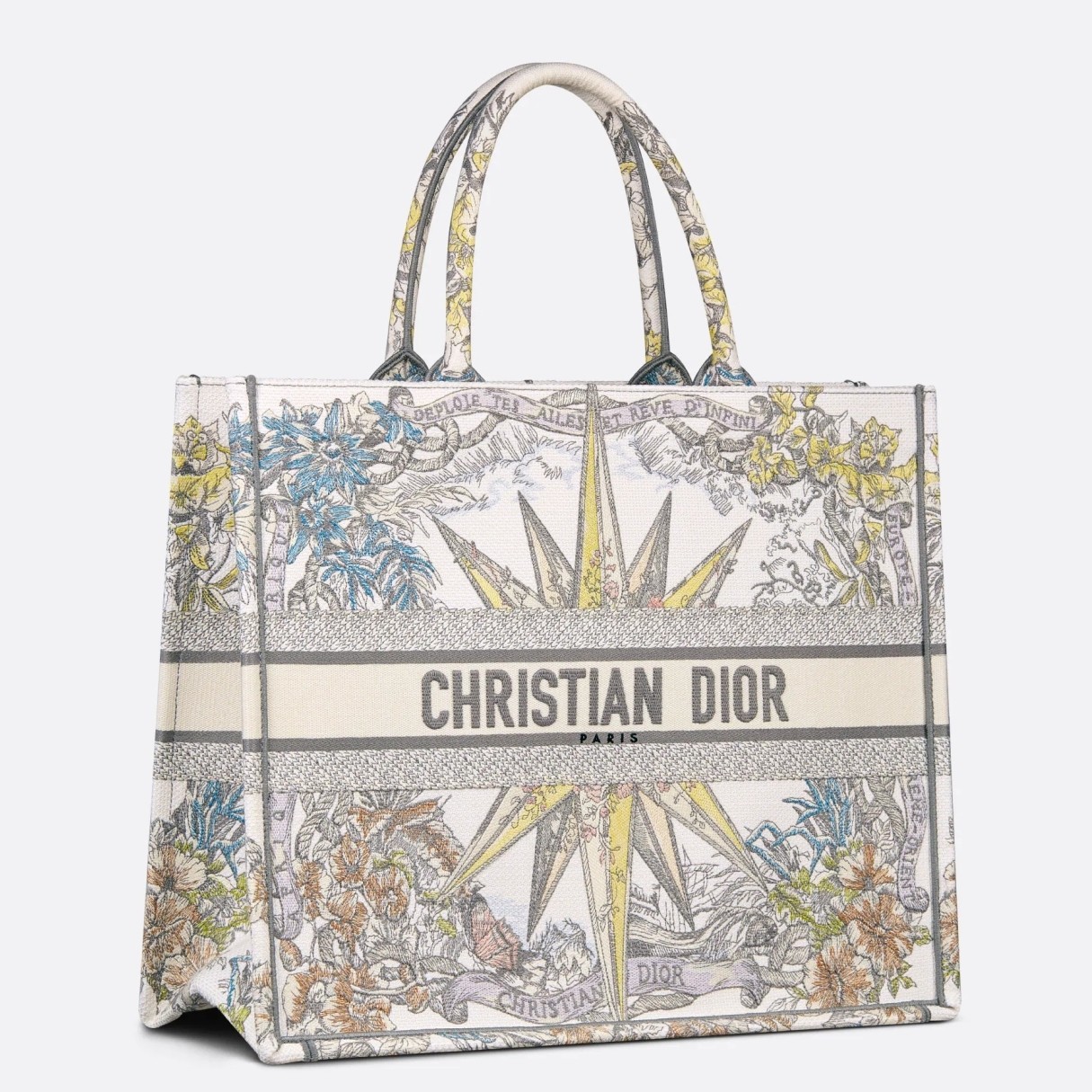 D*or large D*or book tote in white multicolor rêve d''infini embroidery