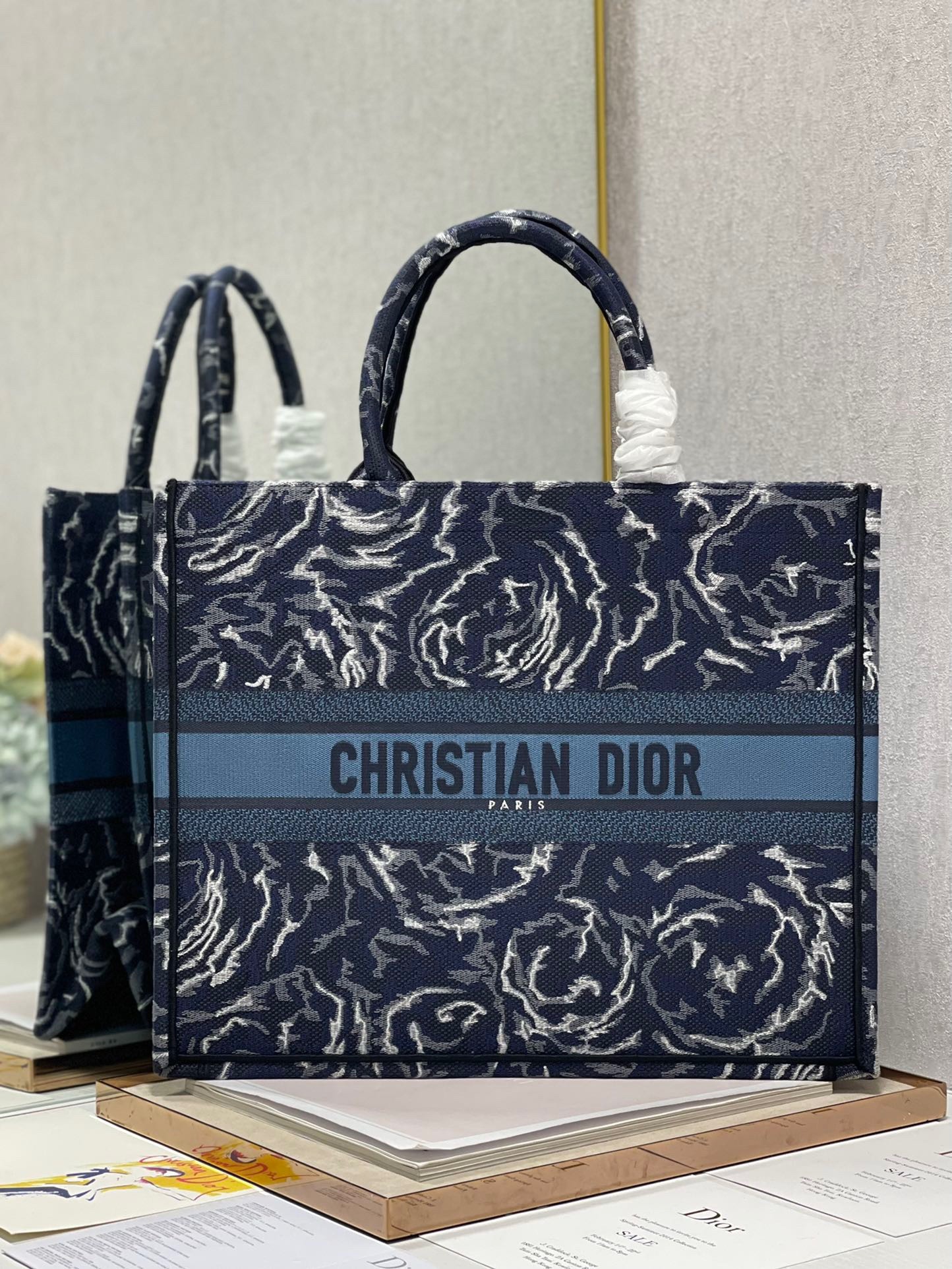 D*or large book tote in blue D*or roses embroidery