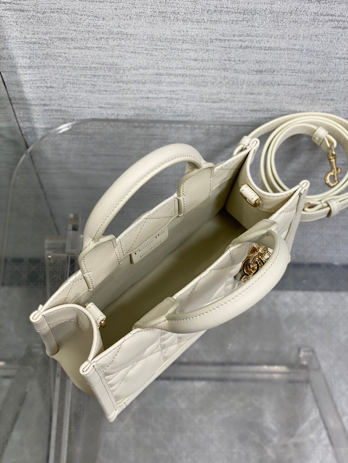 D*or mini book tote bag with strap in white macrocannage calfskin