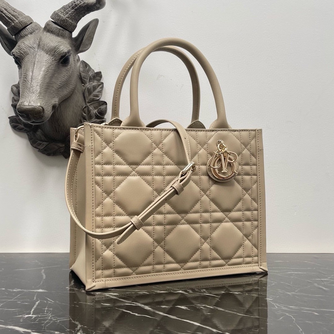 D*or small book tote bag with strap in beige macrocannage calfskin