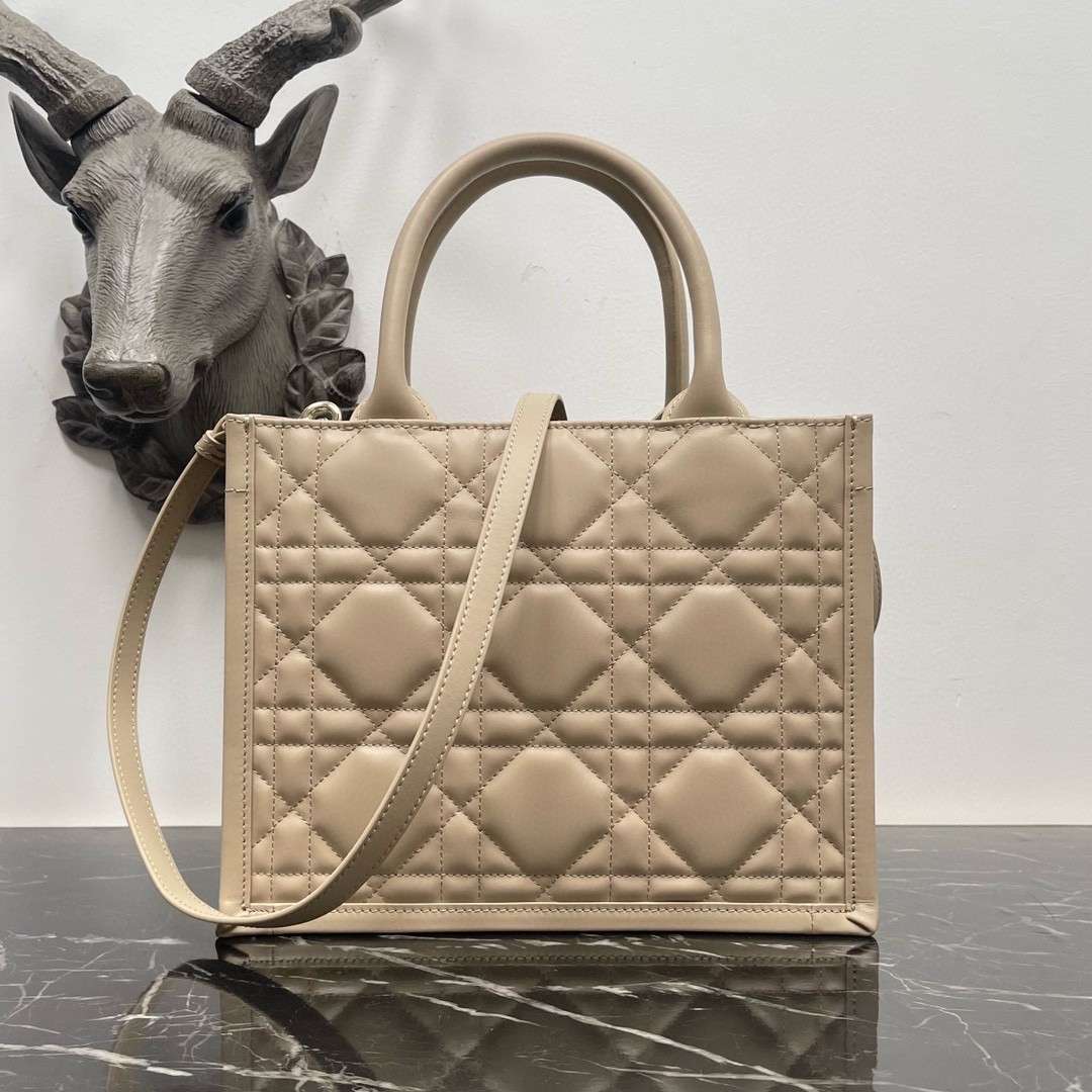 D*or small book tote bag with strap in beige macrocannage calfskin