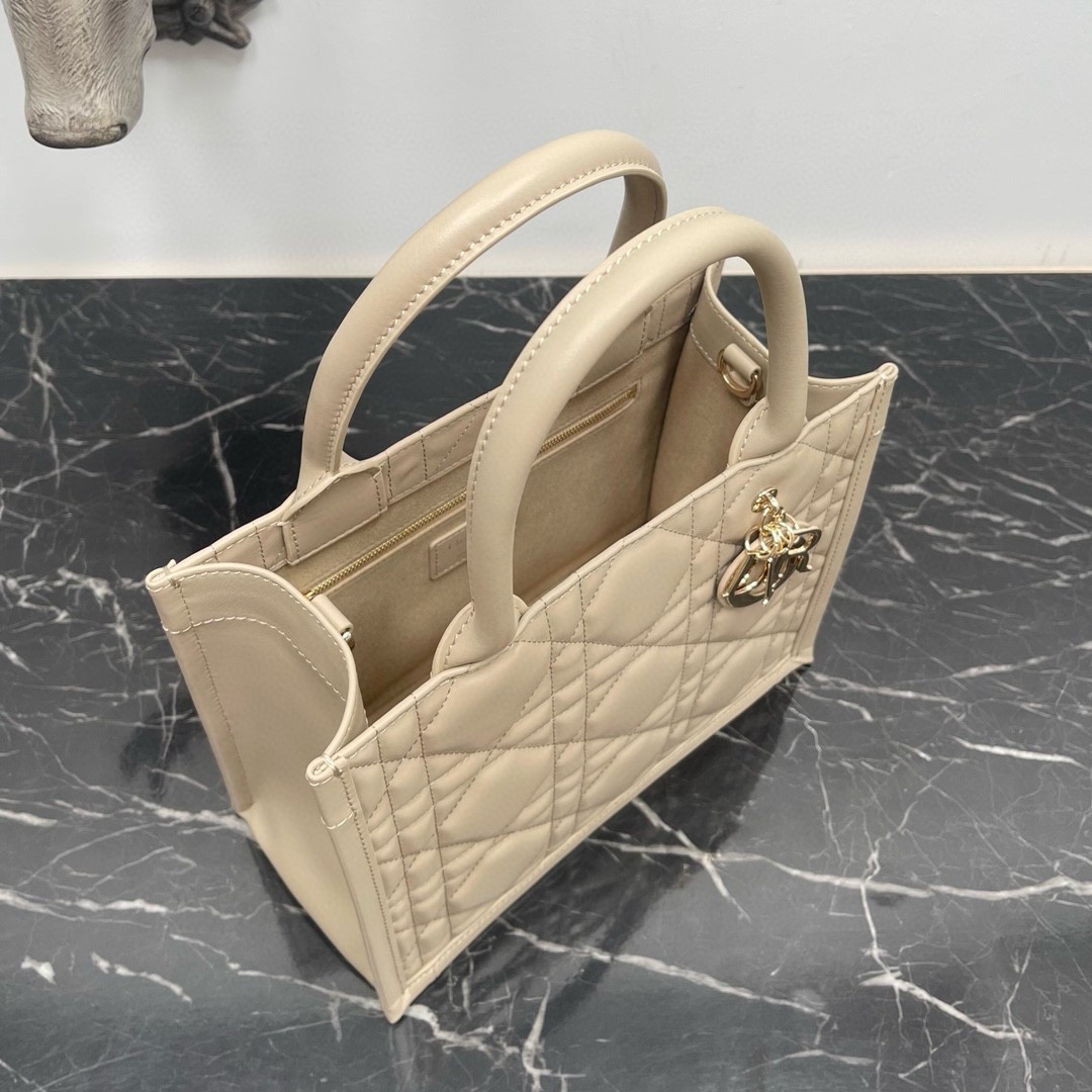 D*or small book tote bag with strap in beige macrocannage calfskin