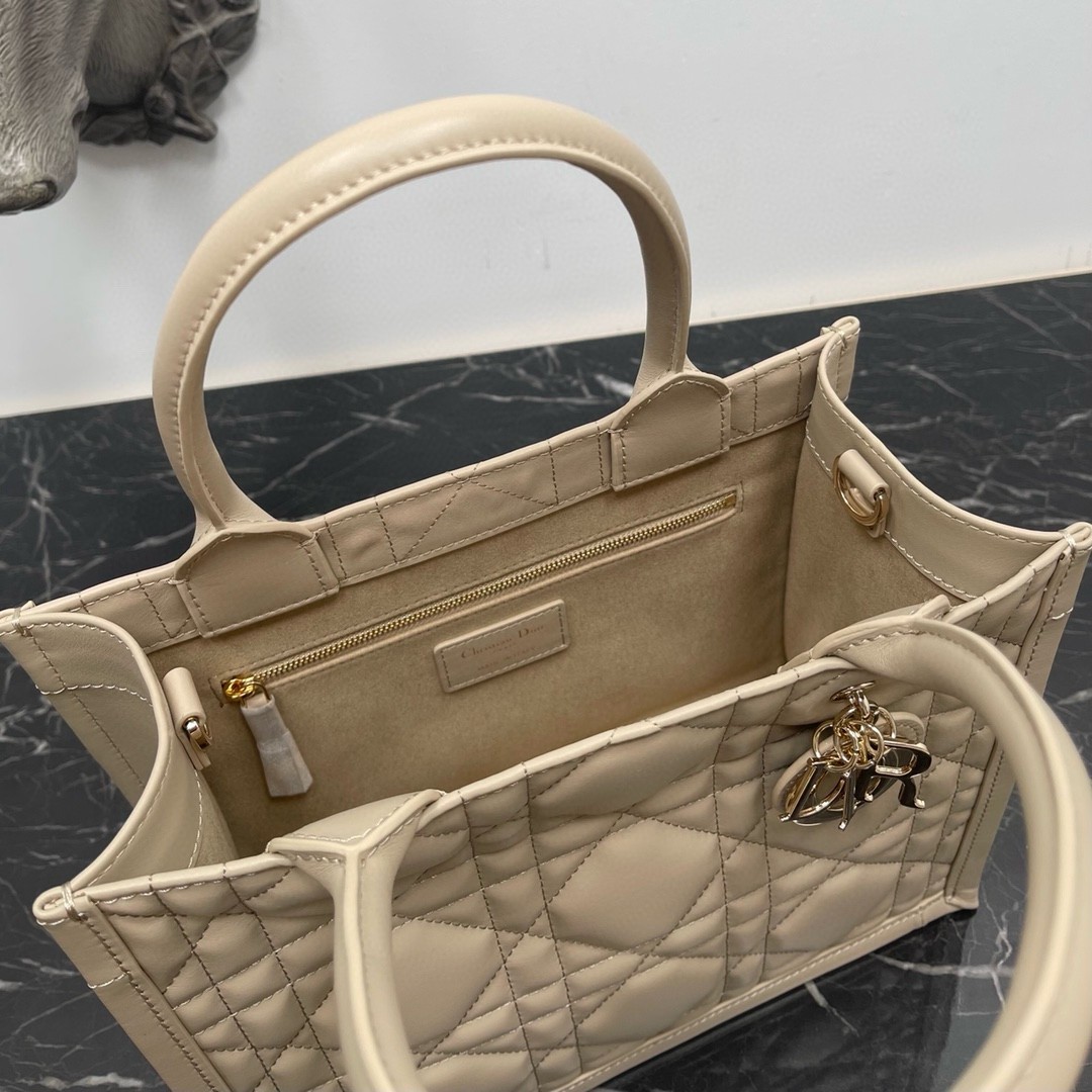 D*or small book tote bag with strap in beige macrocannage calfskin