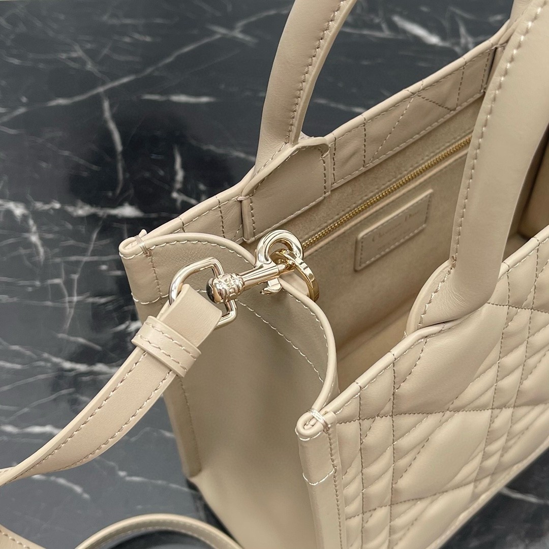 D*or small book tote bag with strap in beige macrocannage calfskin