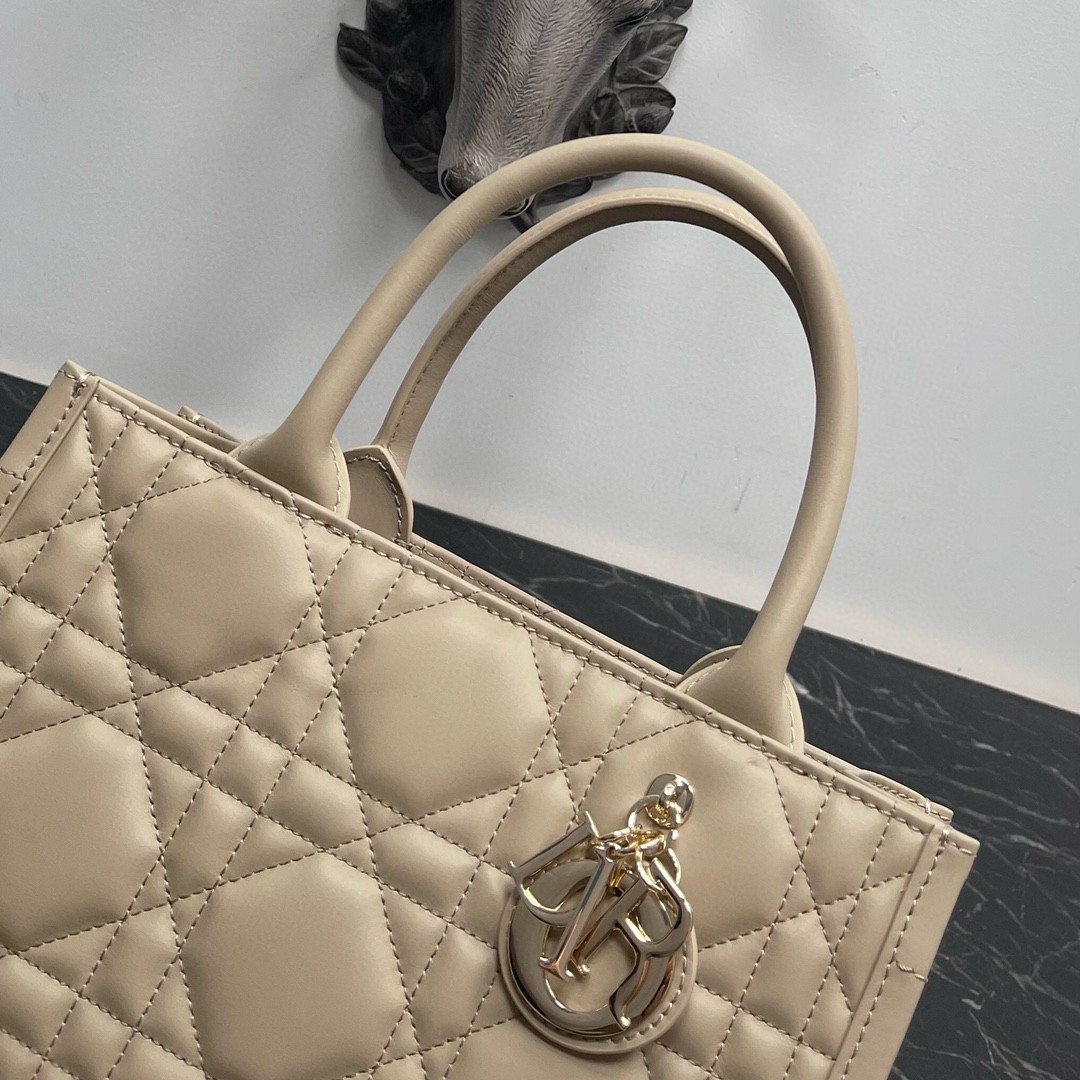 D*or small book tote bag with strap in beige macrocannage calfskin