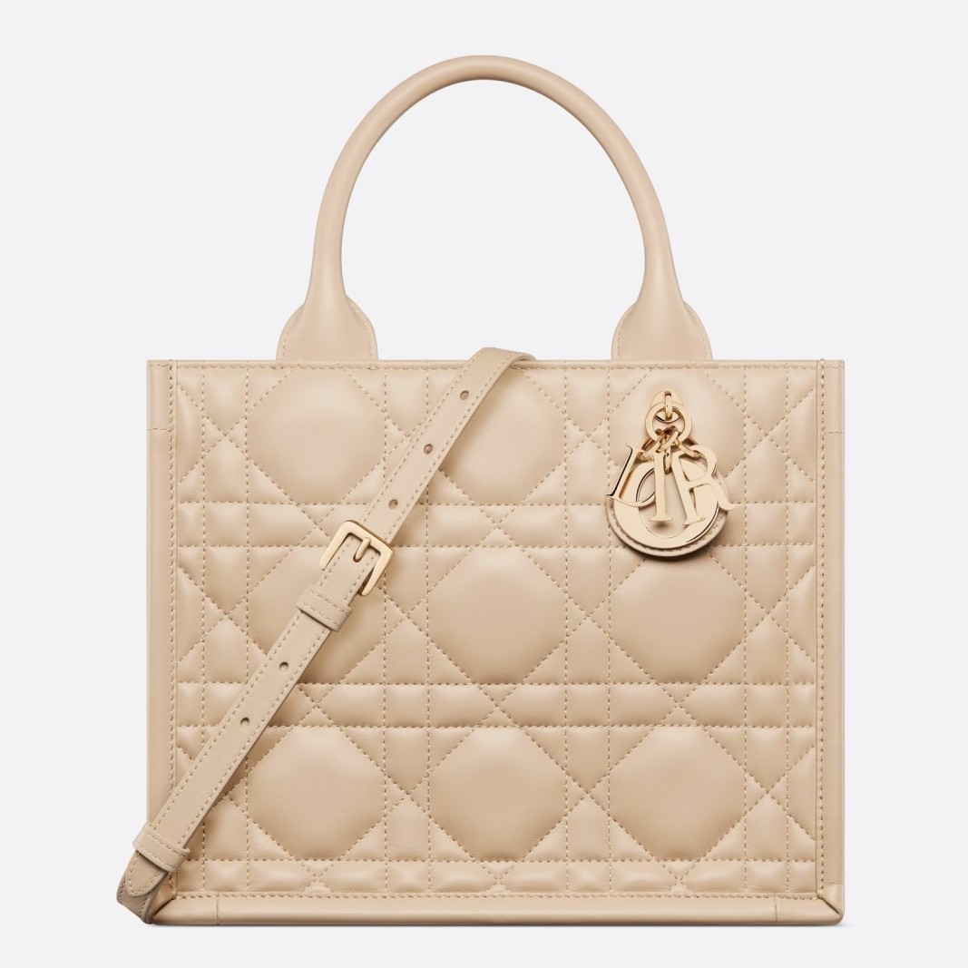 D*or small book tote bag with strap in beige macrocannage calfskin