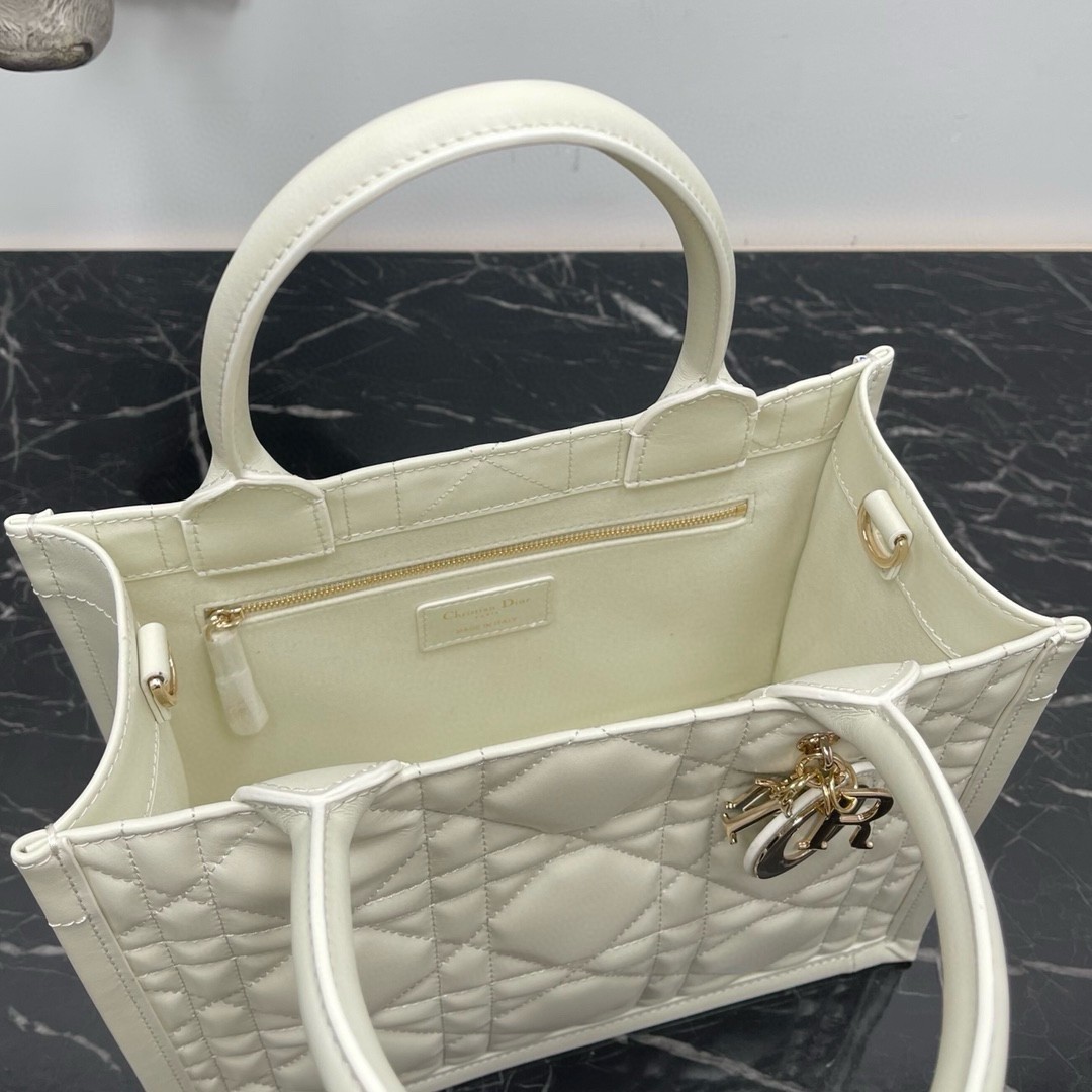D*or small book tote bag with strap in white macrocannage calfskin