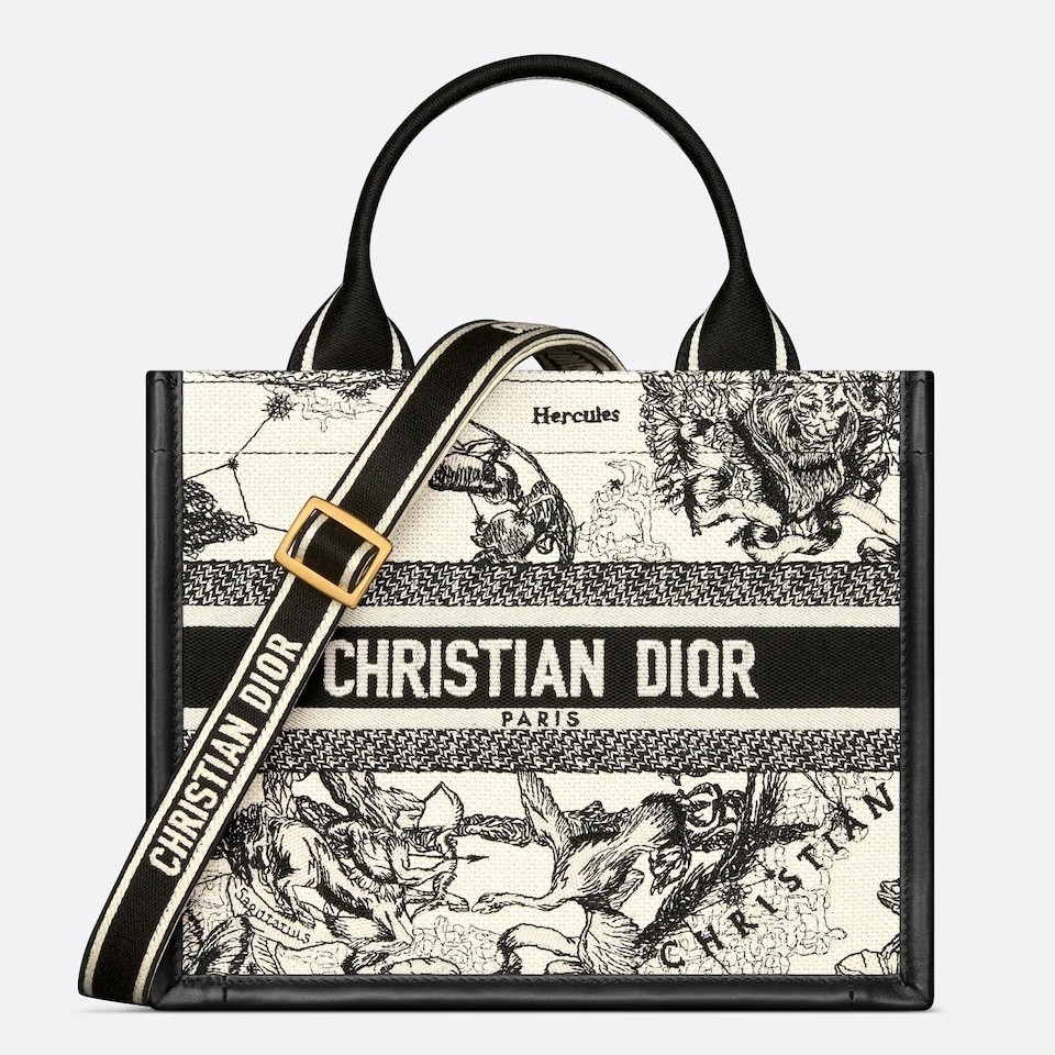 D*or small book tote bag with strap in zodiac embroidery and black calfskin