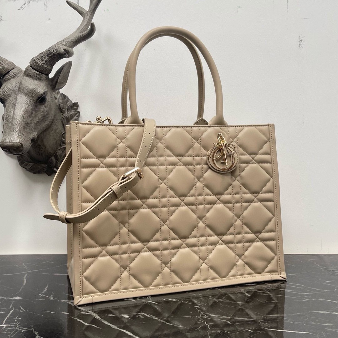 D*or medium book tote bag with strap in beige macrocannage calfskin