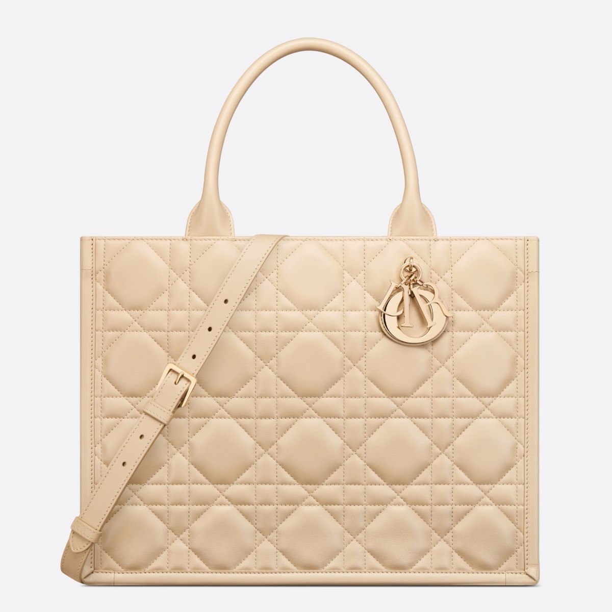 D*or medium book tote bag with strap in beige macrocannage calfskin