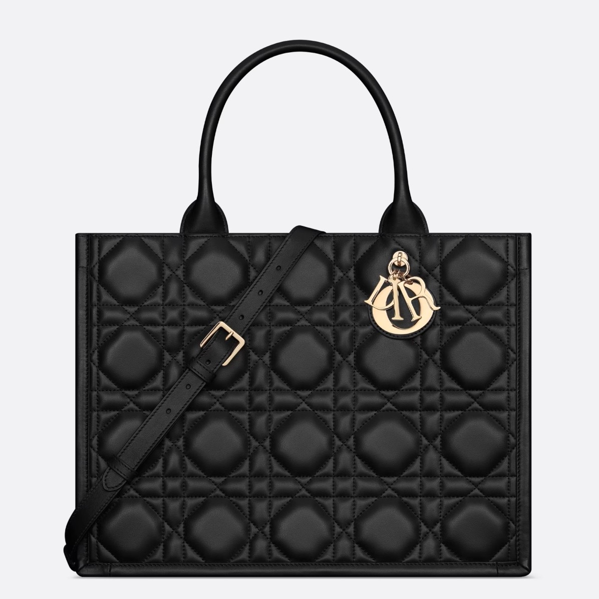 D*or medium book tote bag with strap in black macrocannage calfskin