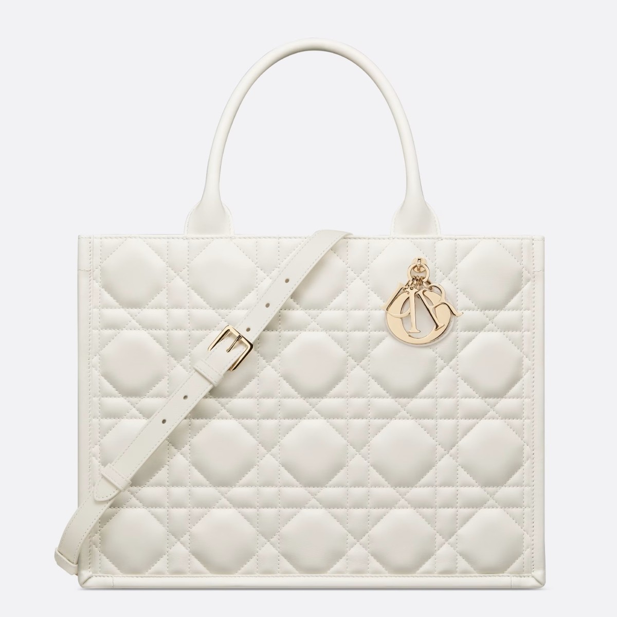 D*or medium book tote bag with strap in white macrocannage calfskin