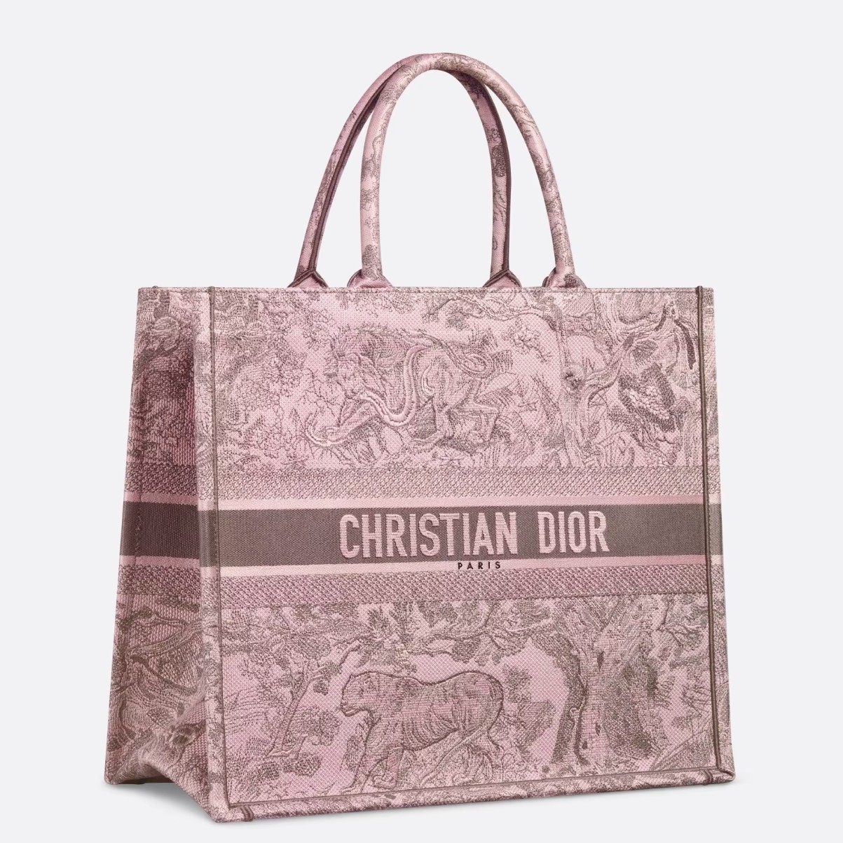 D*or large book tote bag in pink and gray toile de jouy sauvage embroidery
