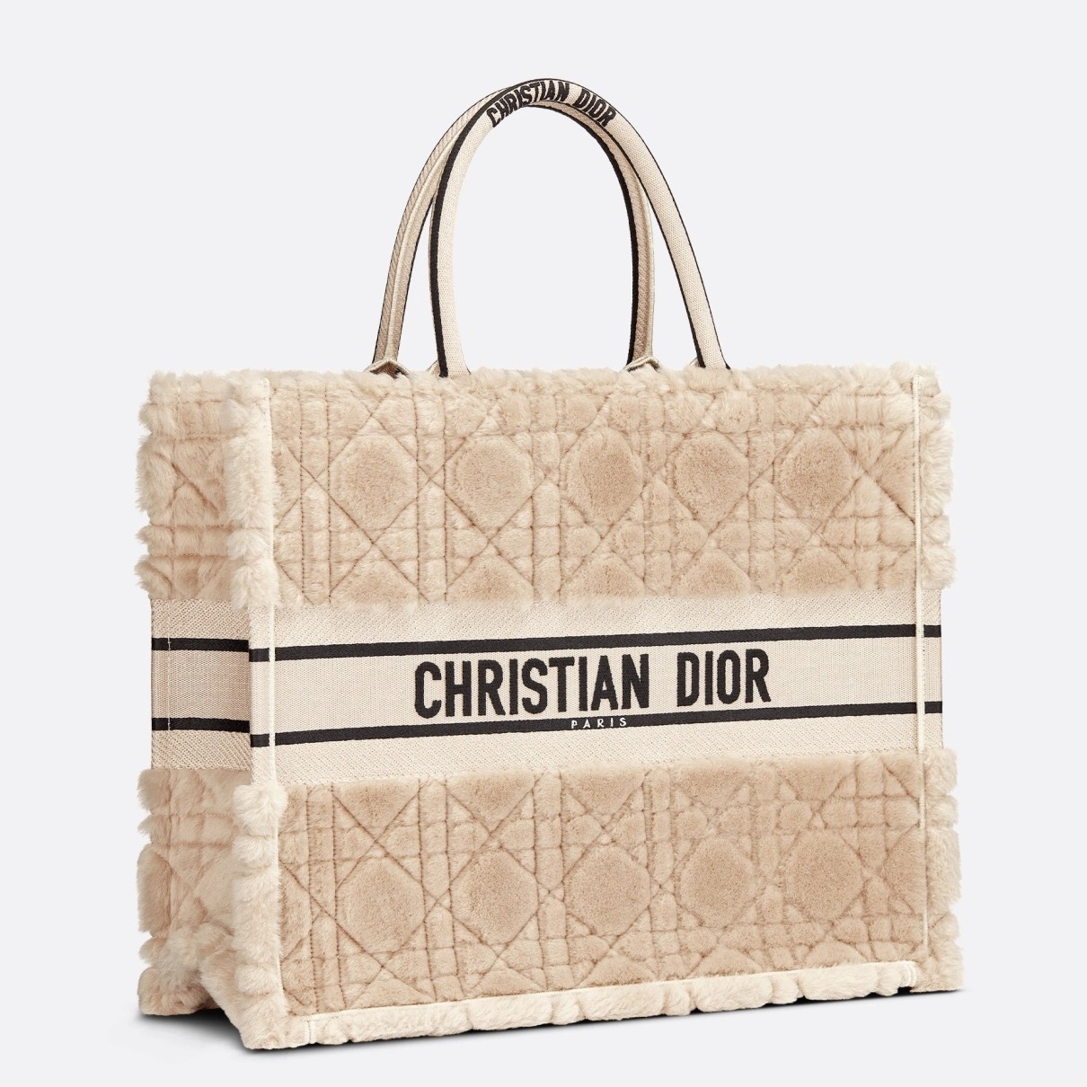 D*or large book tote bag in beige cannage shearling