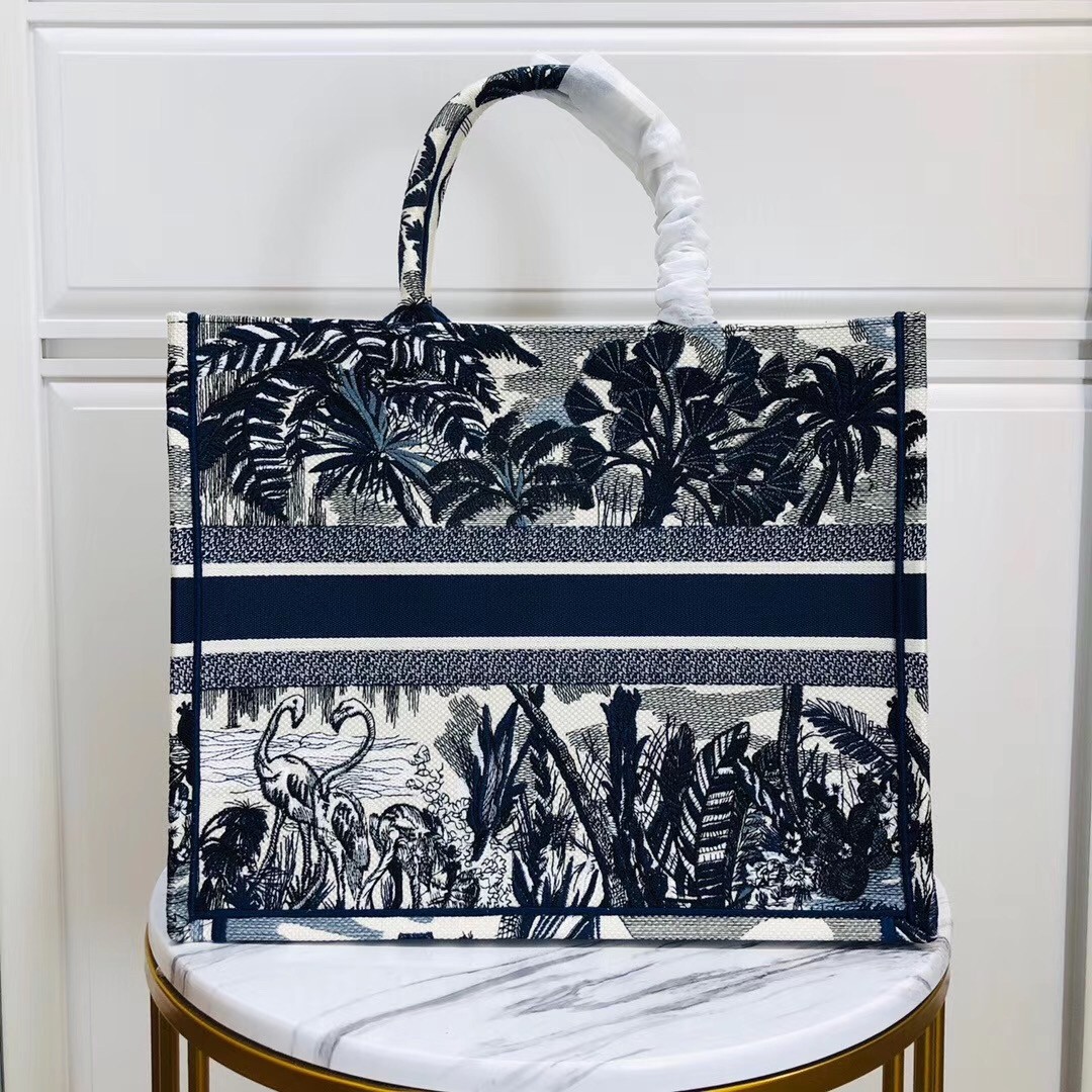 D*or book tote bag in blue palm tree toile de jouy embroidery