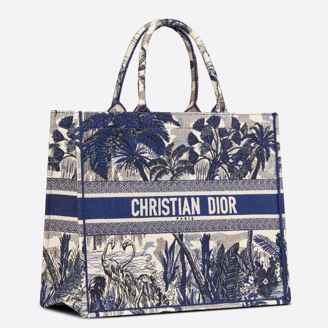 D*or book tote bag in blue palm tree toile de jouy embroidery