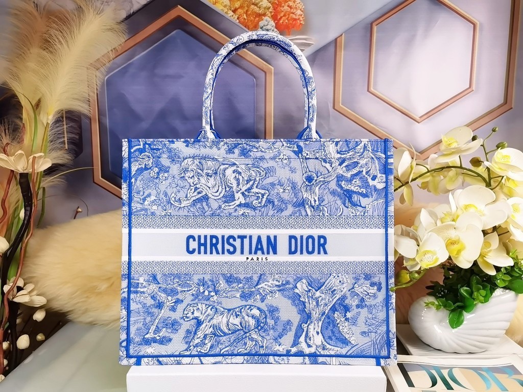 D*or large book tote bag in blue transparent toile de jouy canvas