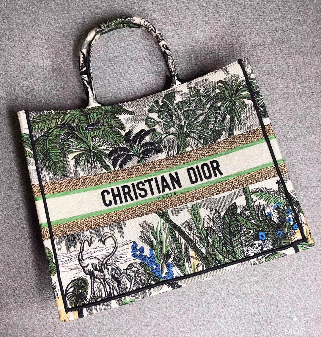D*or book tote bag in green toile de jouy tropicalia