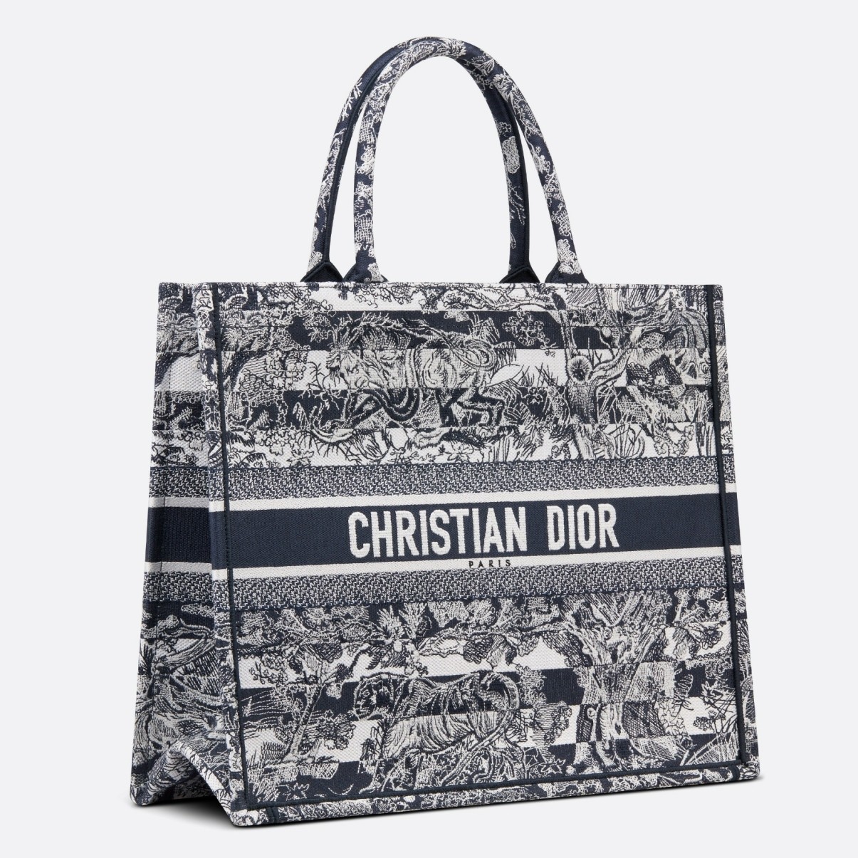 D*or large book tote bag in blue toile de jouy stripes embroidery