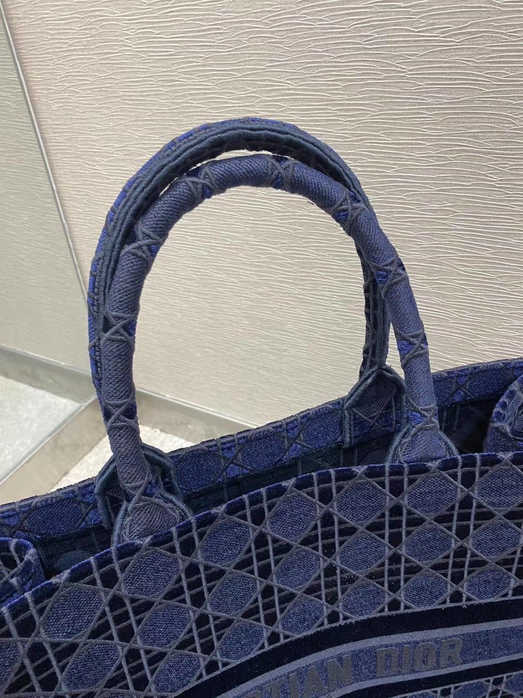 D*or book tote bag in blue cannage embroidered velvet