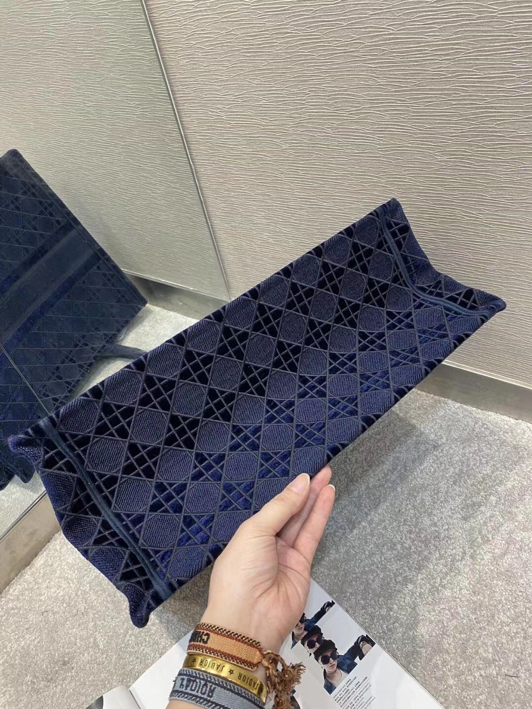D*or book tote bag in blue cannage embroidered velvet