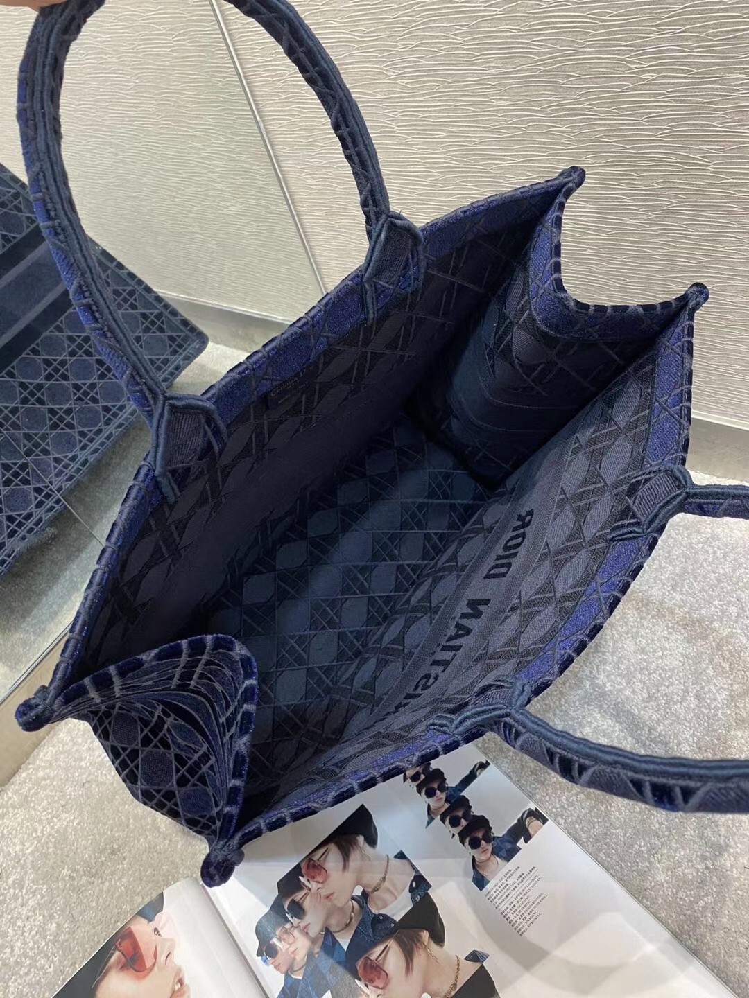 D*or book tote bag in blue cannage embroidered velvet
