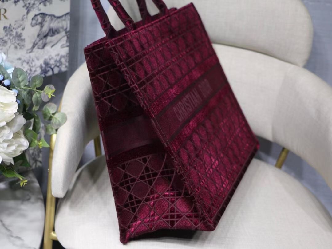 D*or book tote bag in bordeaux cannage embroidered velvet