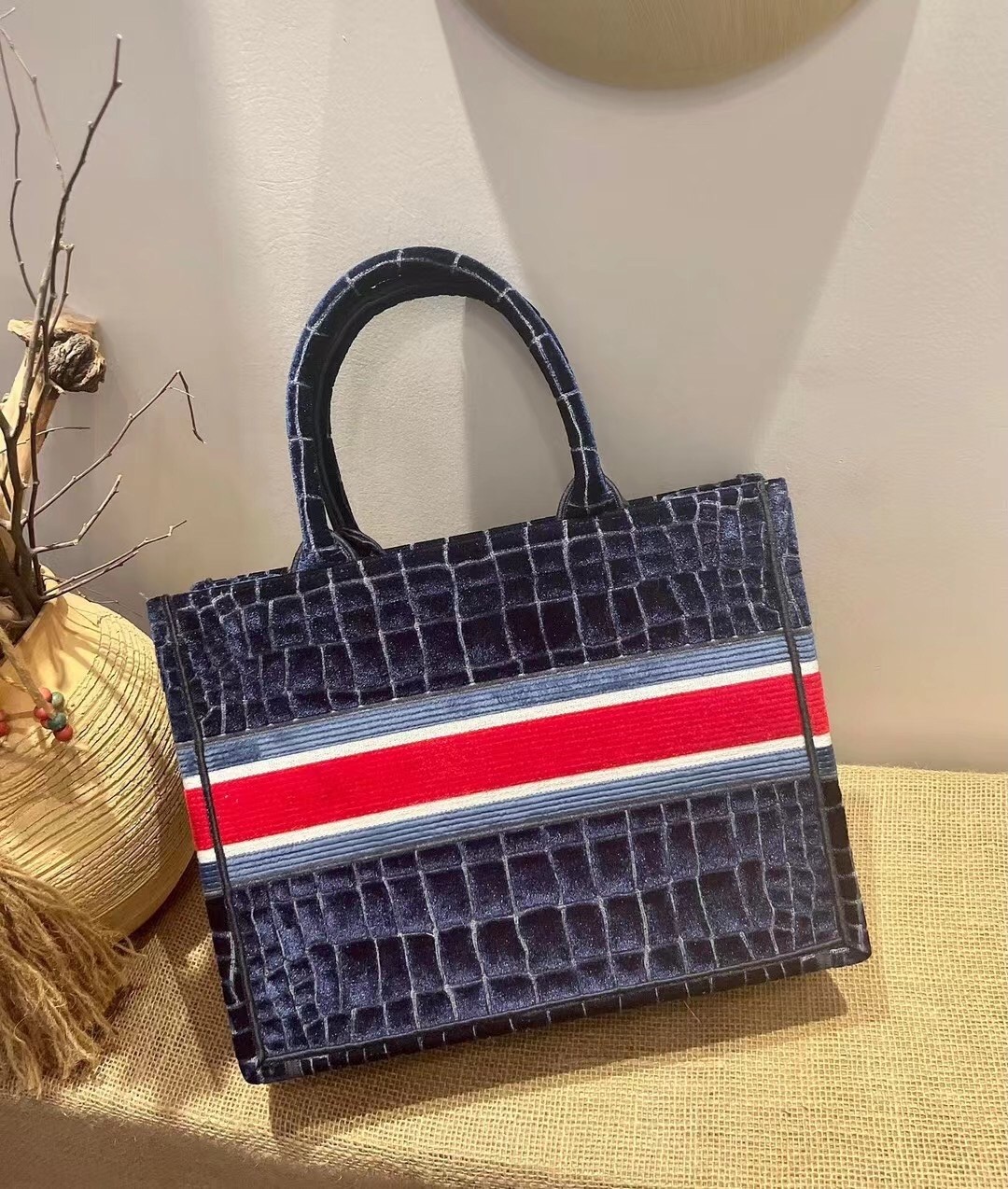 D*or book tote in blue crocodile-effect embroidered velvet