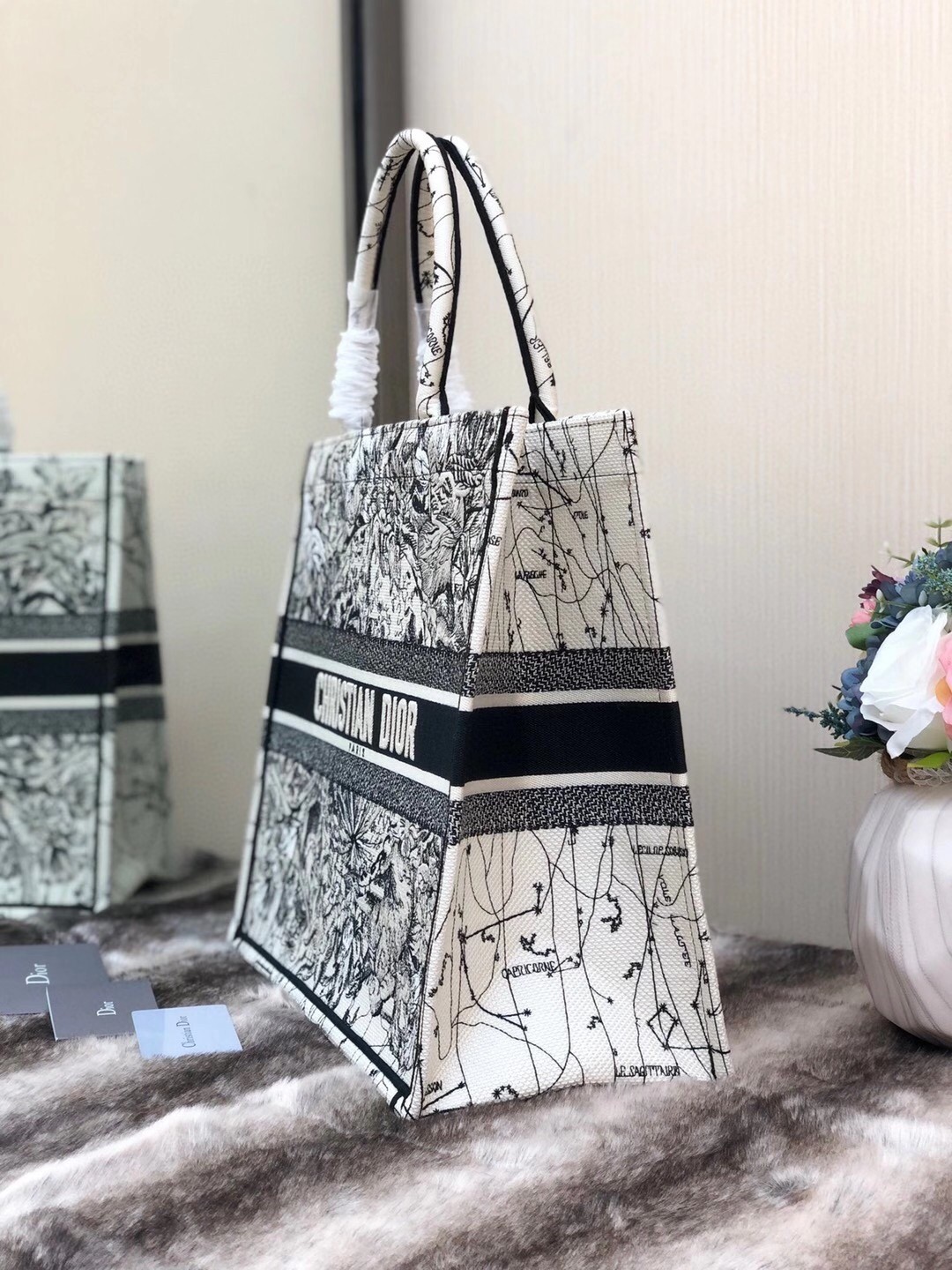 D*or book tote bag in latte zodiac embroidery