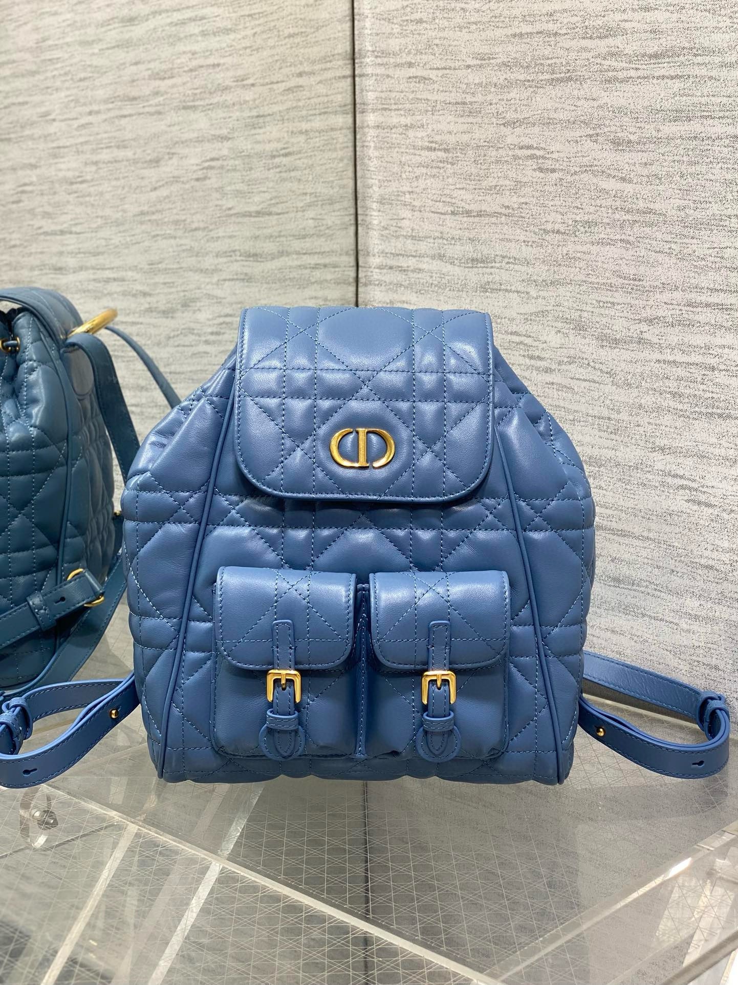 D*or caro medium backpack in blue macrocannage lambskin