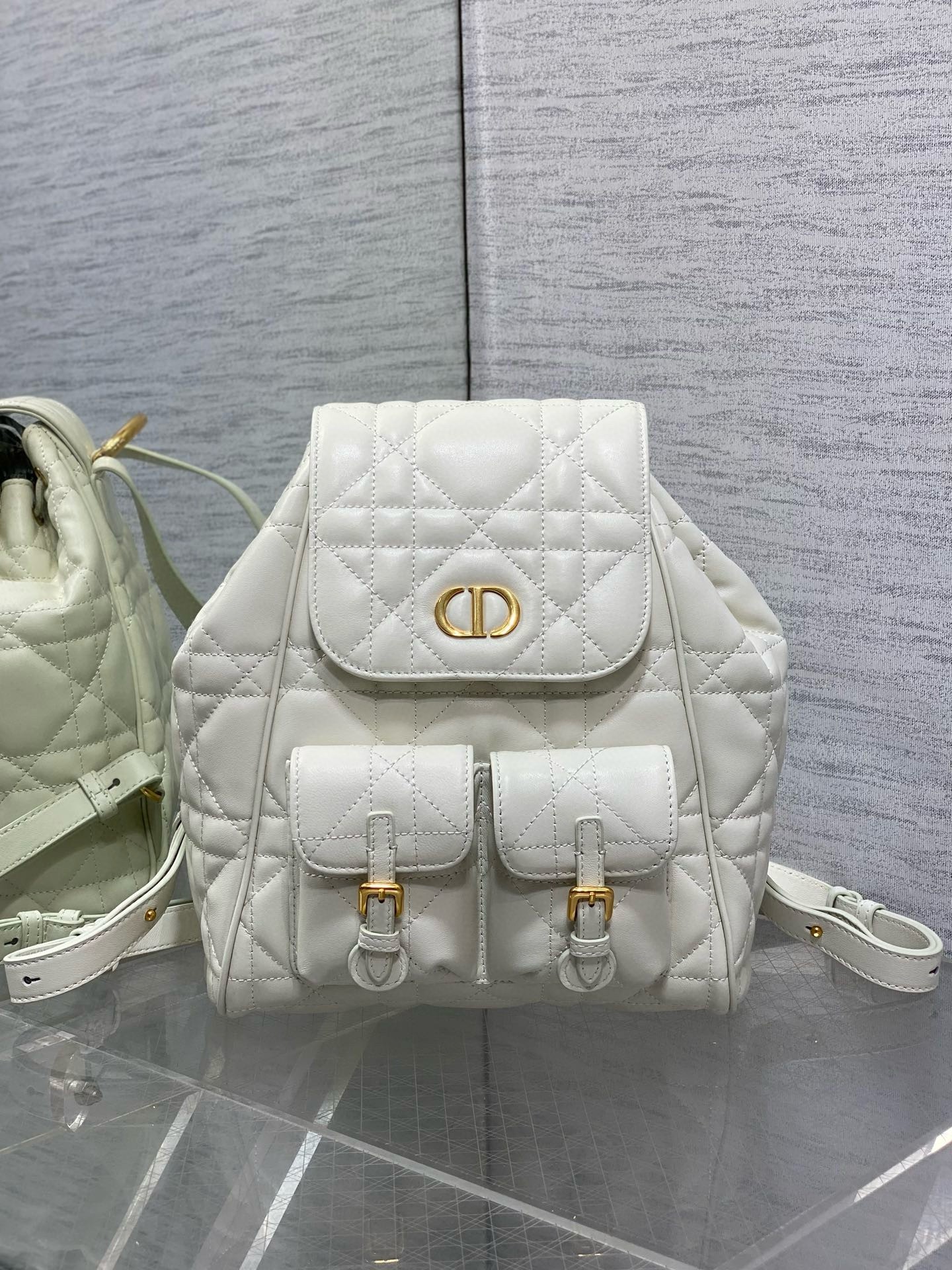 D*or caro medium backpack in white macrocannage lambskin