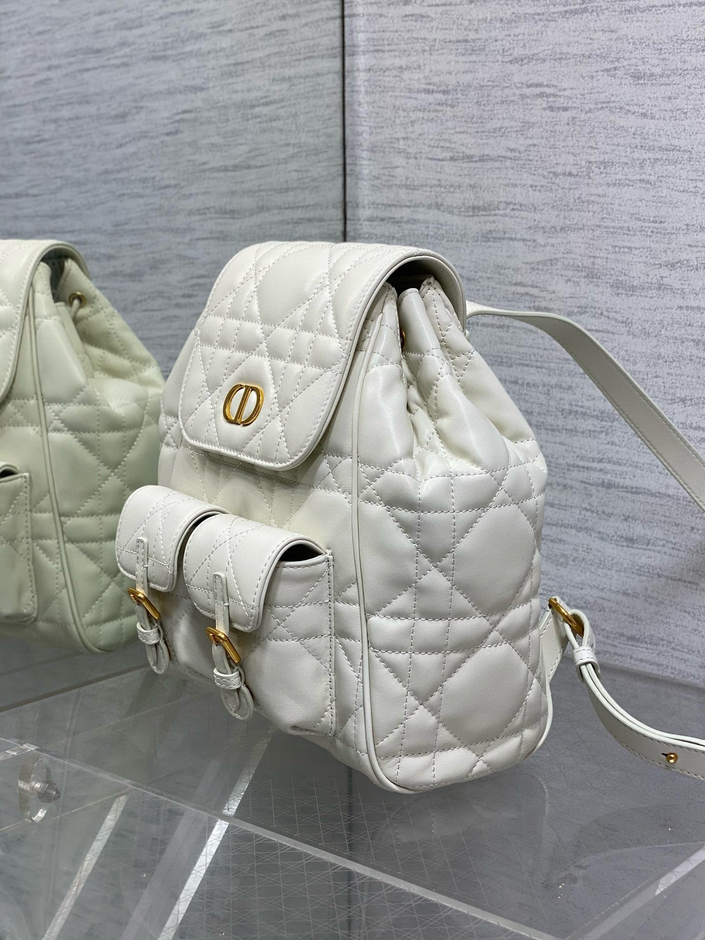 D*or caro medium backpack in white macrocannage lambskin