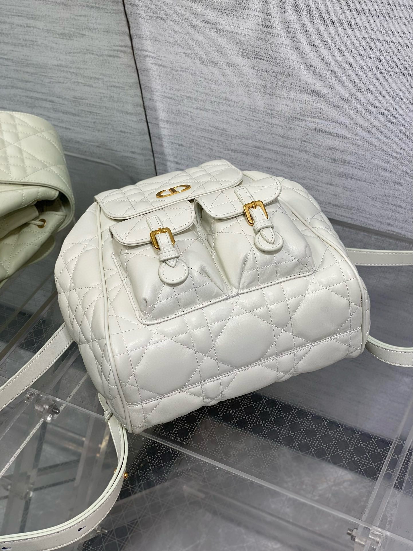 D*or caro medium backpack in white macrocannage lambskin