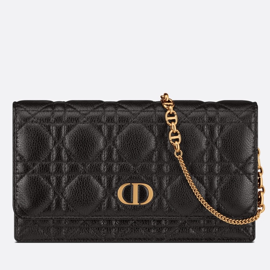 D*or caro chain pouch in black cannage calfskin