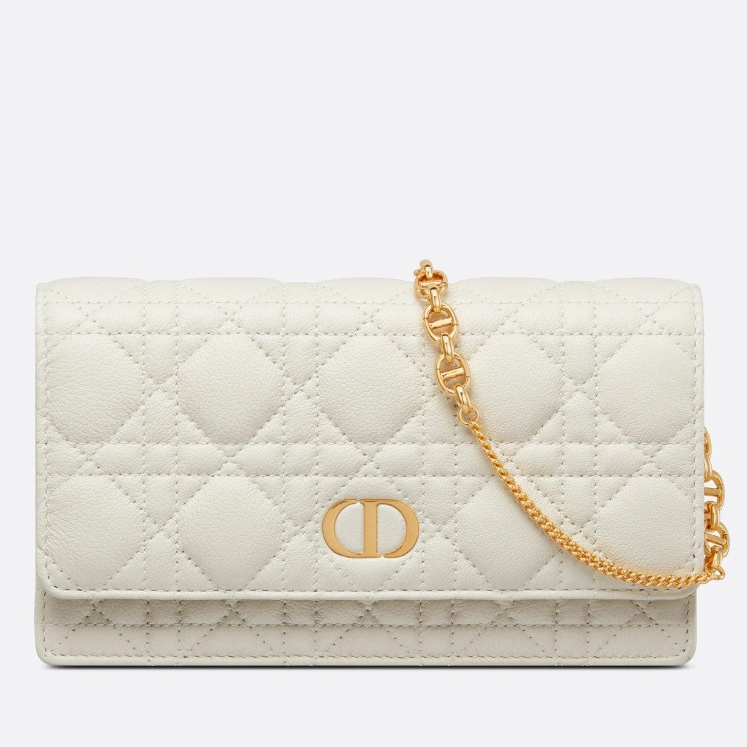 D*or caro chain pouch in white cannage calfskin