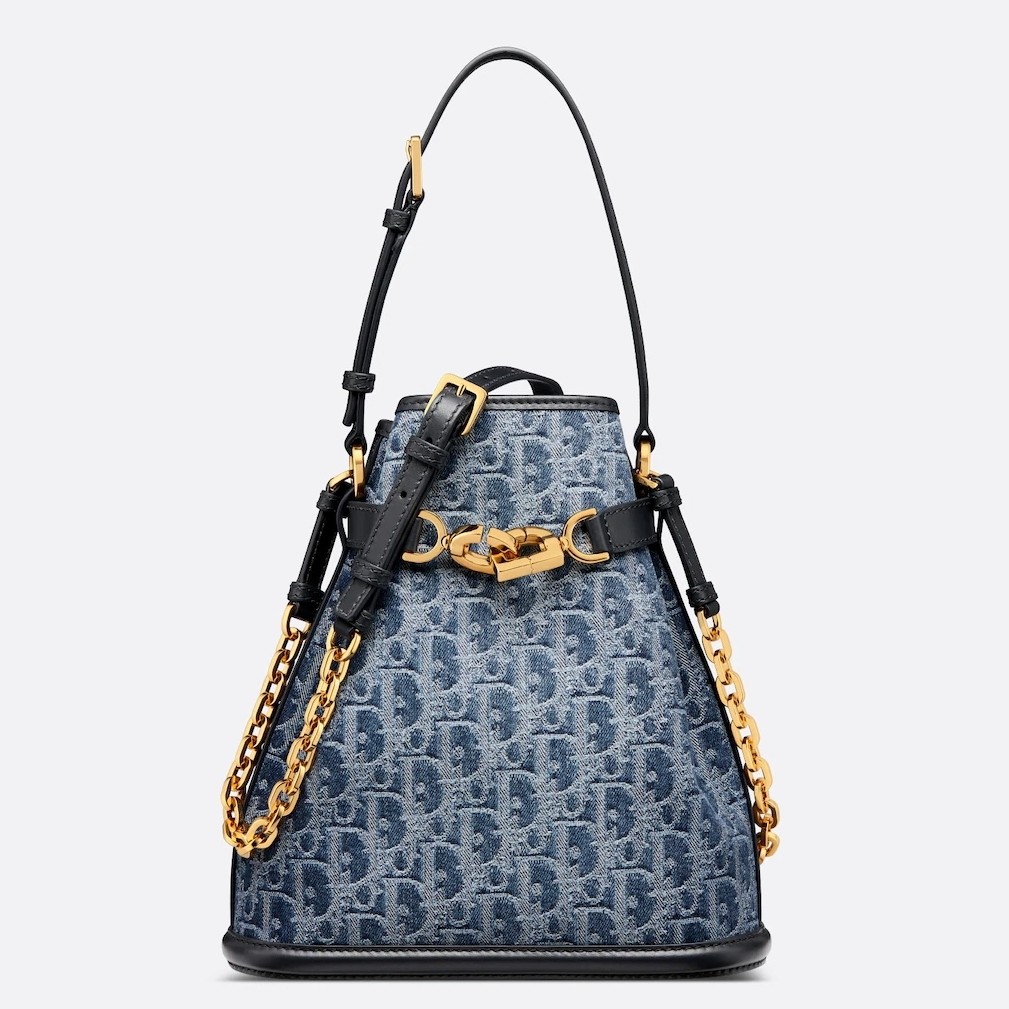 D*or c''est medium bag in blue denim oblique jacquard
