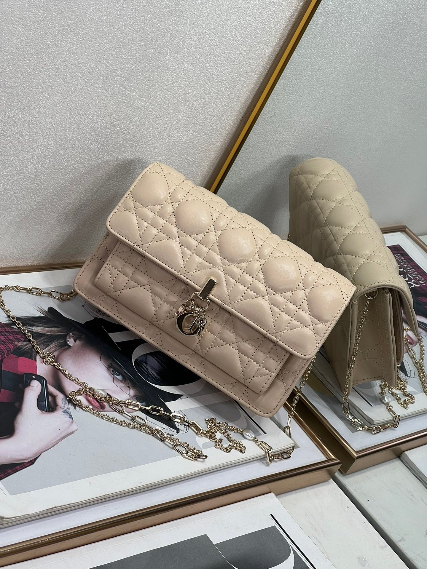 D*or lady D*or chain pouch in beige cannage lambskin