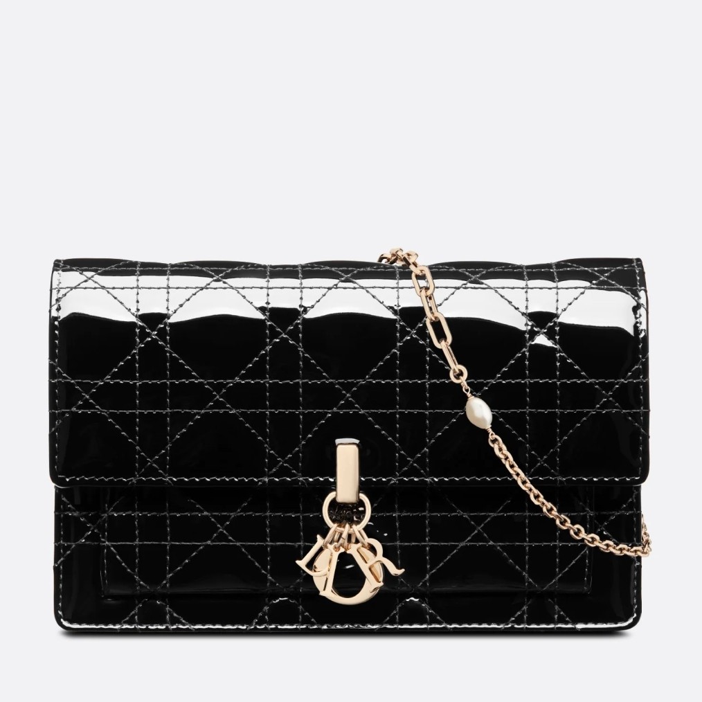 D*or lady D*or chain pouch in black patent calfskin