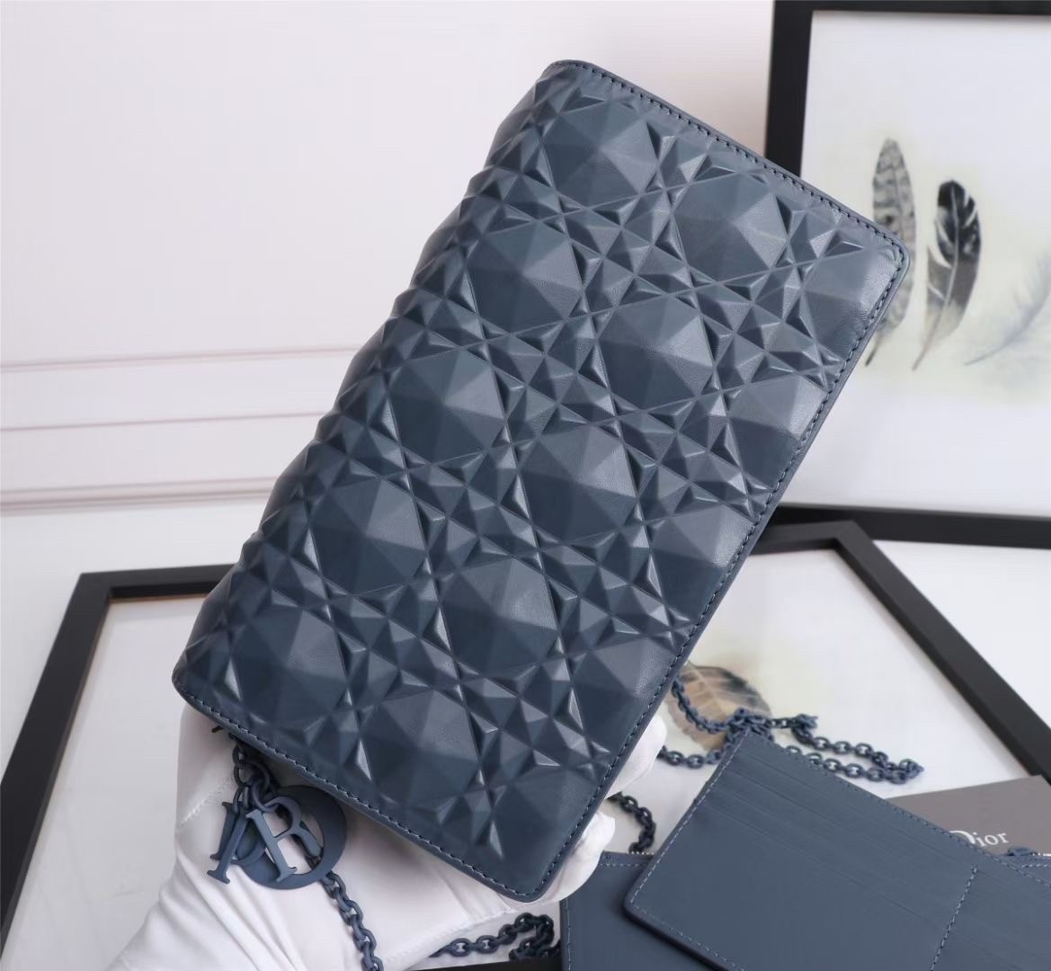 d*or lady d*or pouch in denim Di*m*nd calfskin