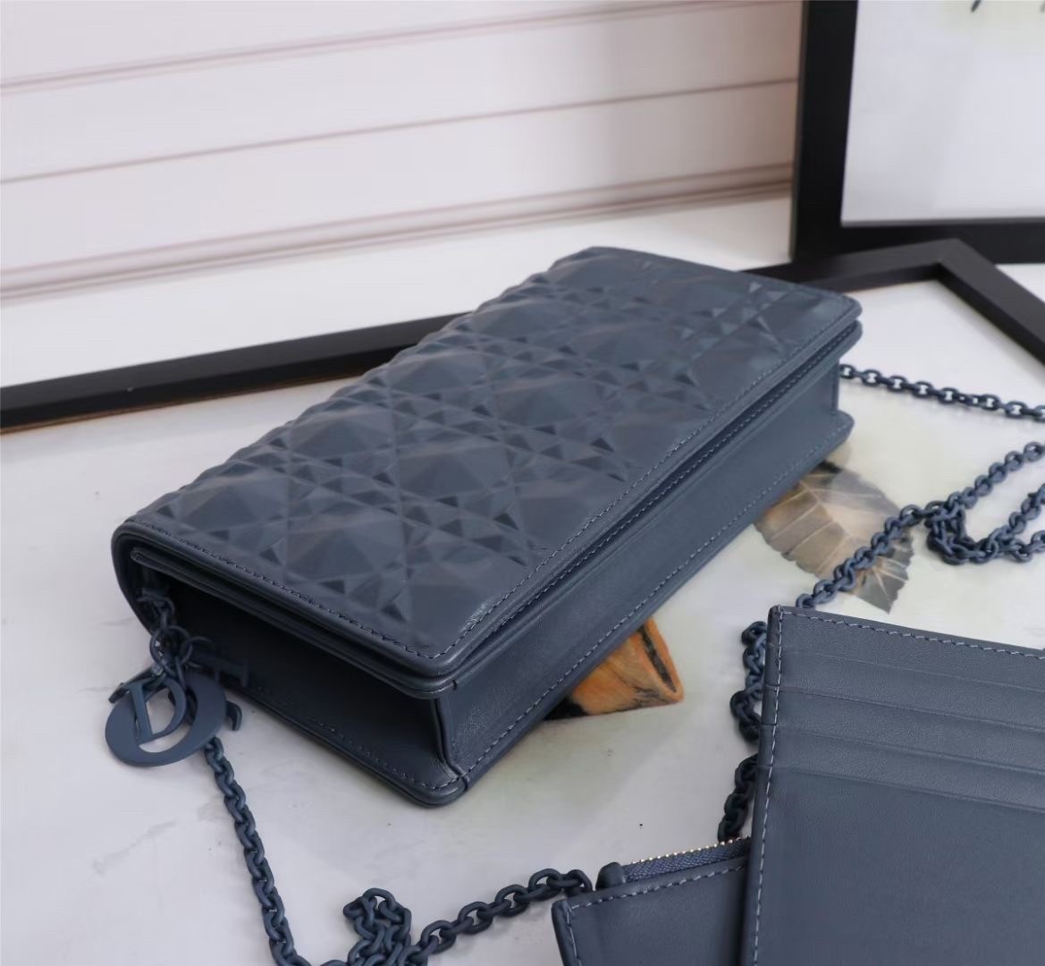 d*or lady d*or pouch in denim Di*m*nd calfskin