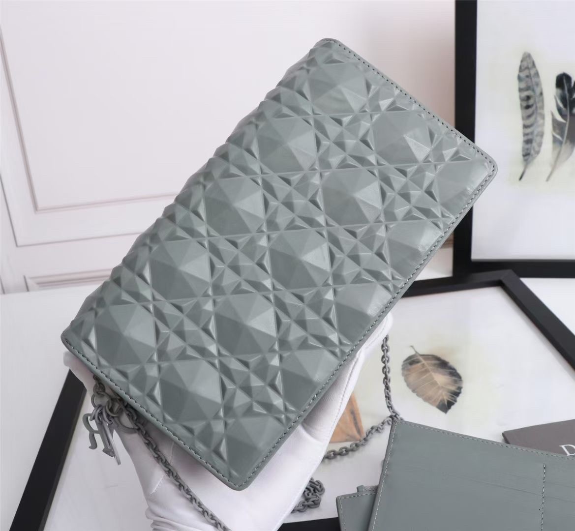 d*or lady d*or pouch in grey Di*m*nd calfskin