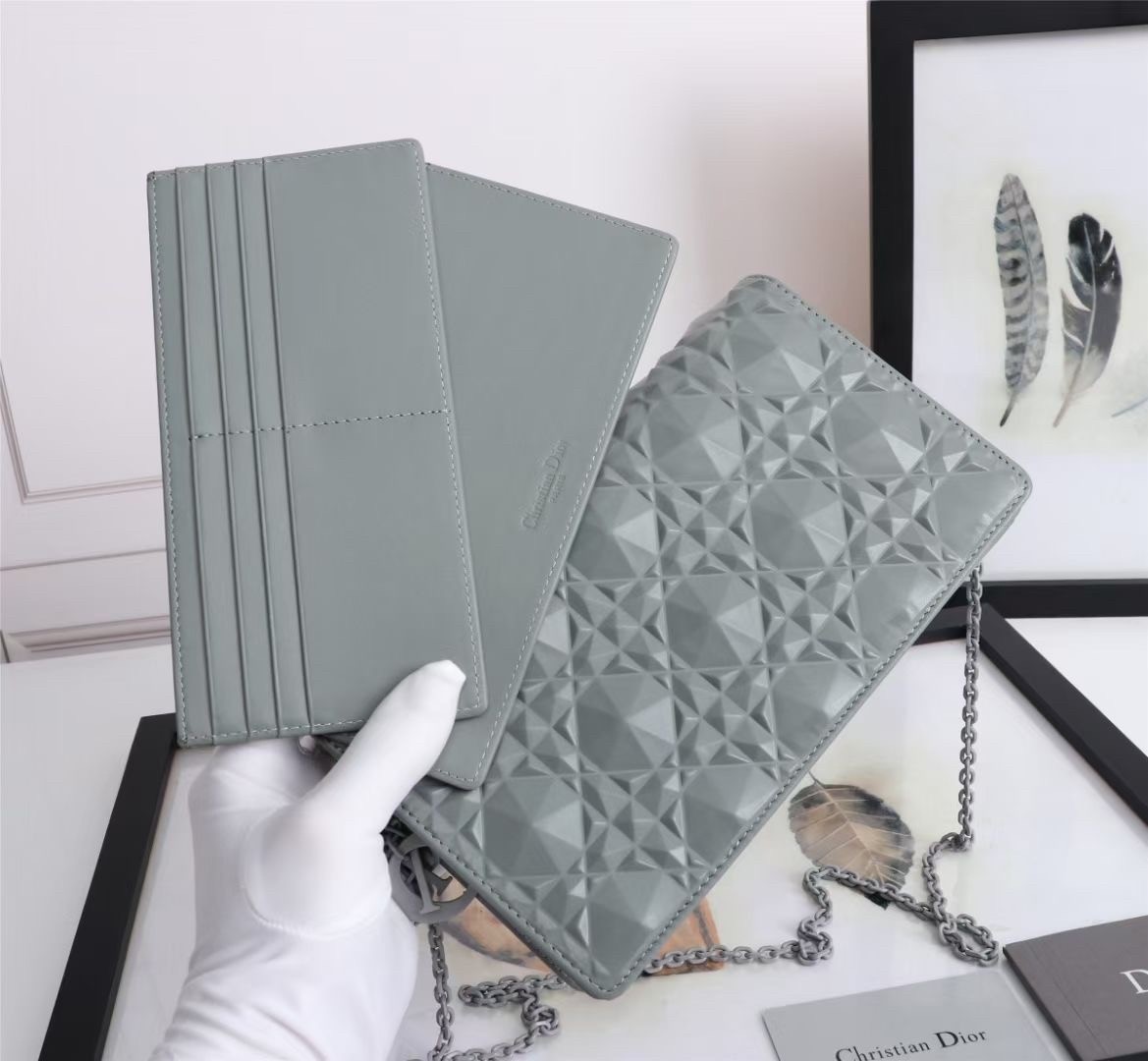 d*or lady d*or pouch in grey Di*m*nd calfskin