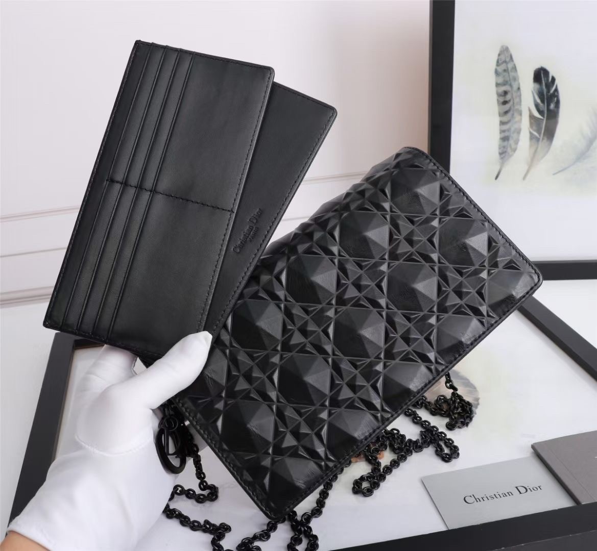 d*or lady d*or pouch in black Di*m*nd calfskin