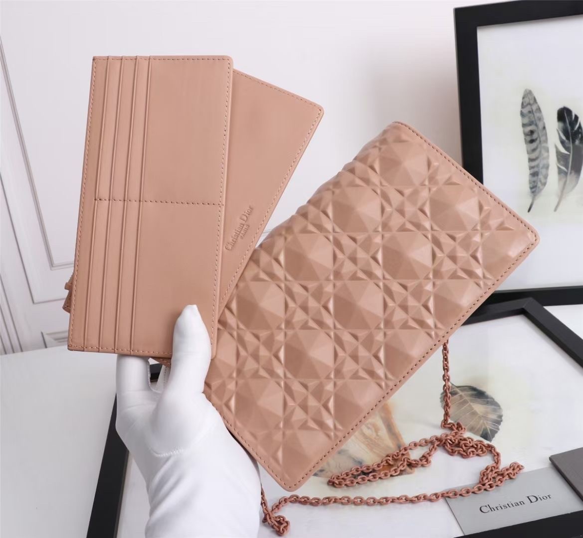 d*or lady d*or pouch in poudre Di*m*nd calfskin